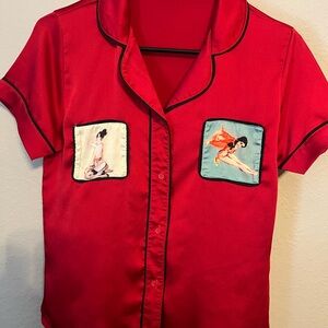 Vintage Satin Red 2 piece set with Artistic Patches- Zami Pizama